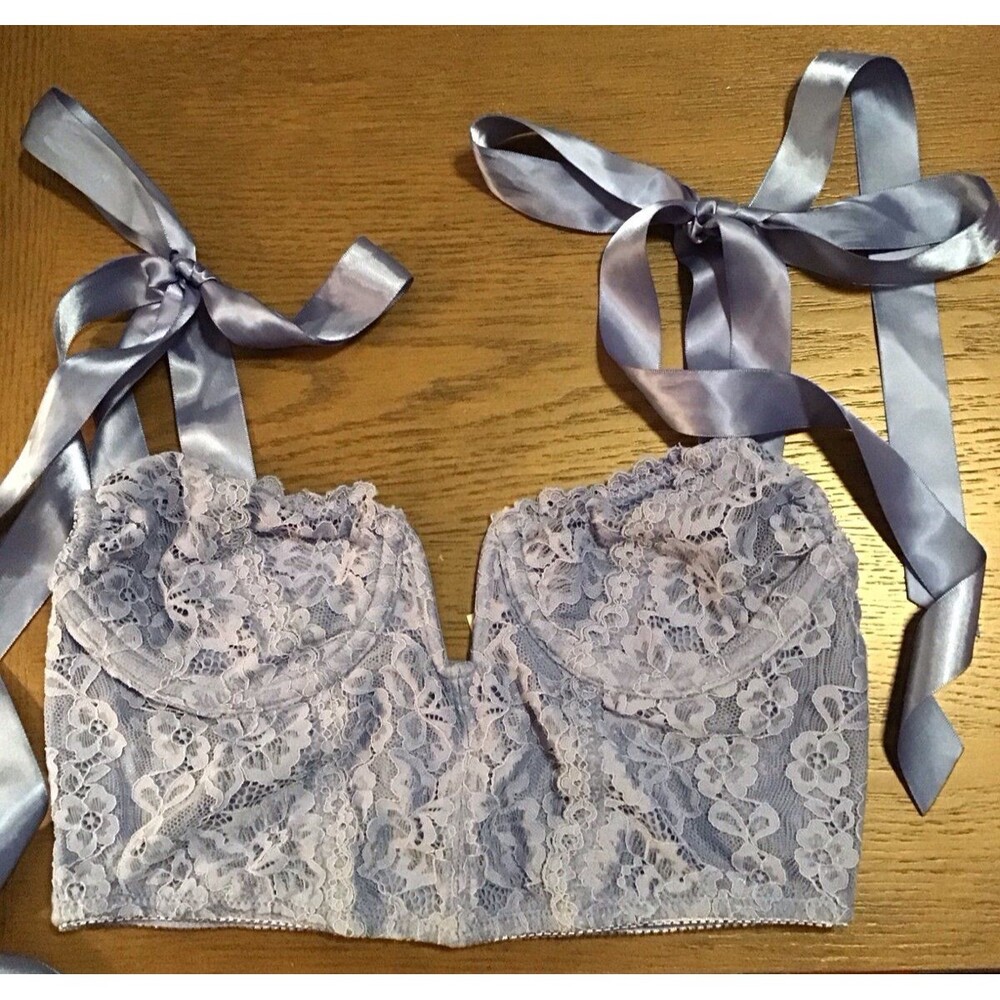 Blue Lace Corset Bralette with Ribbon Ties